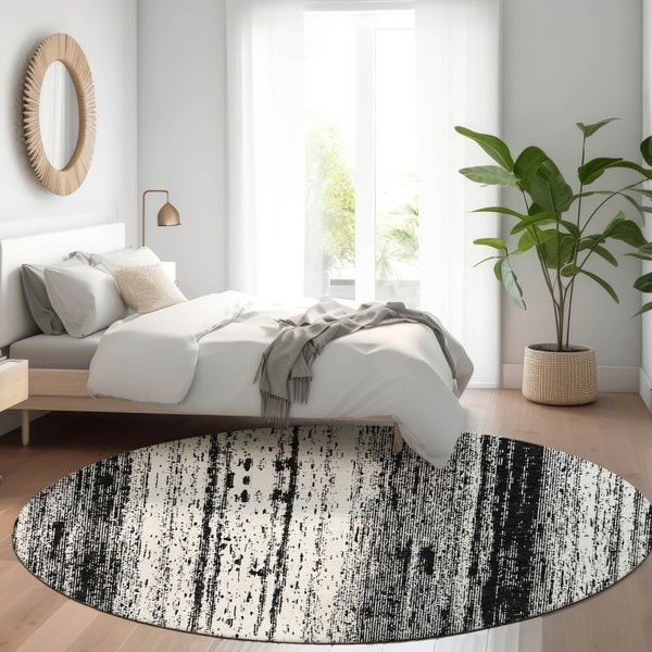 HomeRoots 8' Black And Ivory Striped Washable Round Rug - Stylish, Durable, UV-Protected for Any Space 668310