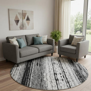 HomeRoots 8' Black And Ivory Striped Washable Round Rug - Stylish, Durable, UV-Protected for Any Space 668310