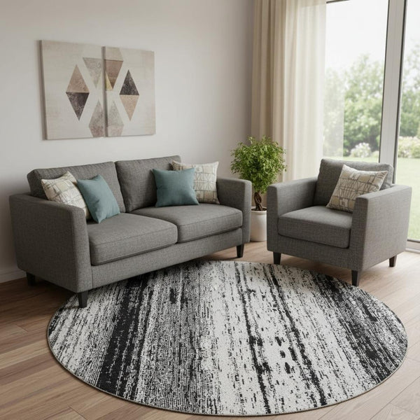 HomeRoots 8' Black And Ivory Striped Washable Round Rug - Stylish, Durable, UV-Protected for Any Space 668310