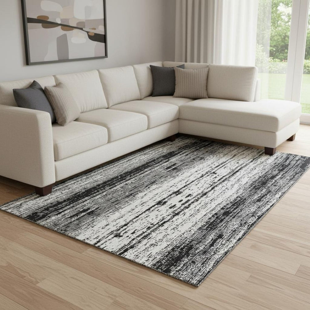 HomeRoots 8' X 10' Black and Ivory Striped Washable Area Rug – Durable, UV-Protected, Stylish for High-Traffic Spaces 668311