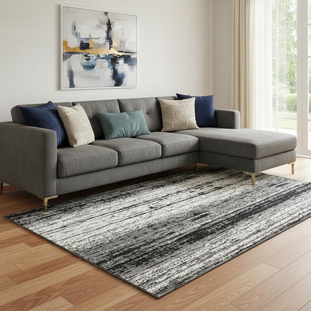 HomeRoots 9' x 12' Black and Ivory Striped Washable Area Rug with UV Protection, Stain Resistance & Comfort 668312