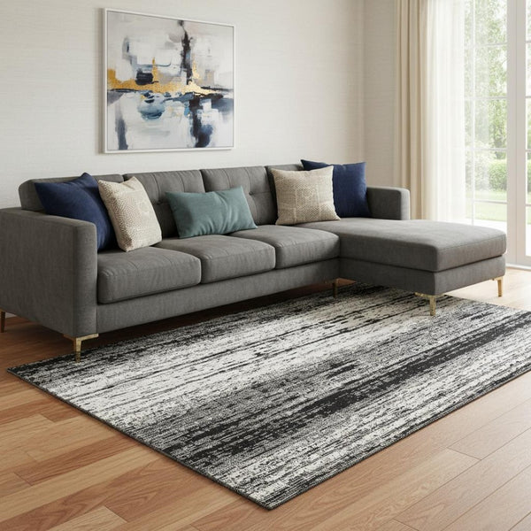 HomeRoots 9' x 12' Black and Ivory Striped Washable Area Rug with UV Protection, Stain Resistance & Comfort 668312