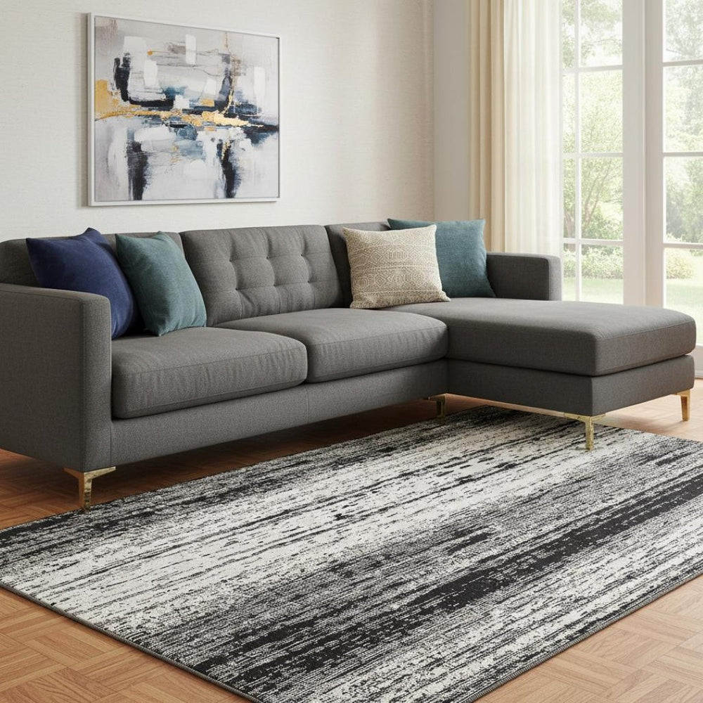 HomeRoots 10' X 14' Washable Black & Ivory Striped Area Rug with UV Protection for Modern High-Traffic Spaces 668313