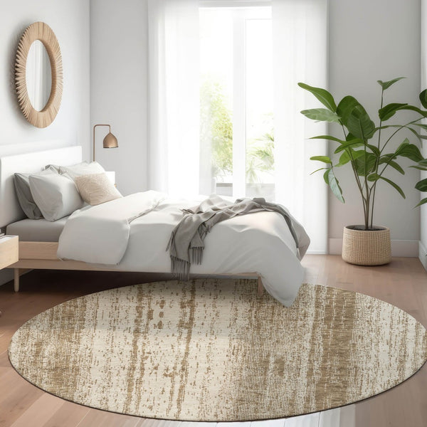 HomeRoots 8' Brown and Ivory Striped Round Rug – Washable, UV Protected, Durable Design for Cozy Spaces 668316