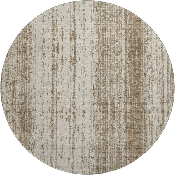 HomeRoots 8' Brown and Ivory Striped Round Rug – Washable, UV Protected, Durable Design for Cozy Spaces 668316