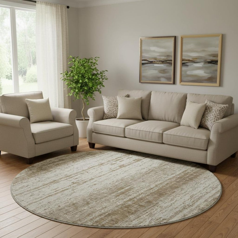 HomeRoots 8' Brown and Ivory Striped Round Rug – Washable, UV Protected, Durable Design for Cozy Spaces 668316