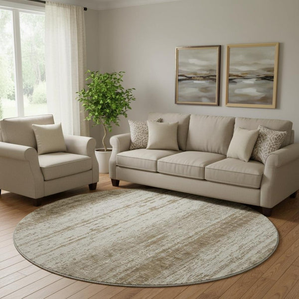 HomeRoots 8' Brown and Ivory Striped Round Rug – Washable, UV Protected, Durable Design for Cozy Spaces 668316