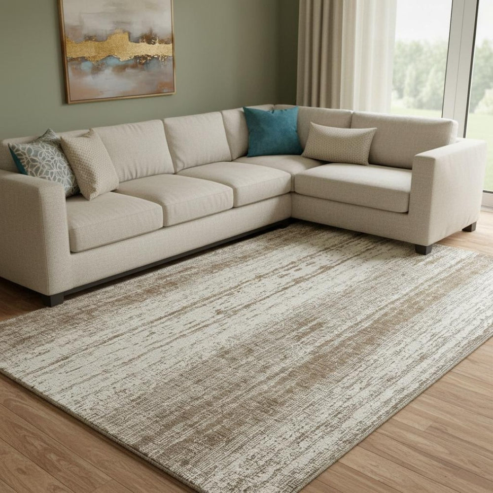 HomeRoots 9' X 12' Brown And Ivory Striped Washable Area Rug – Durable, UV-Protected, Perfect for Busy Homes 668318