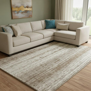 HomeRoots 9' X 12' Brown And Ivory Striped Washable Area Rug – Durable, UV-Protected, Perfect for Busy Homes 668318