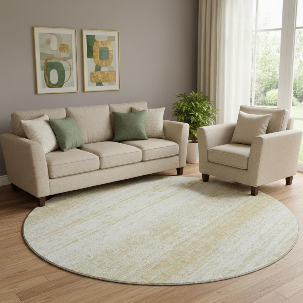 HomeRoots 8' Gold and Ivory Striped Washable Round Rug – UV Protected, Stain-Resistant, Perfect for Families! 668322