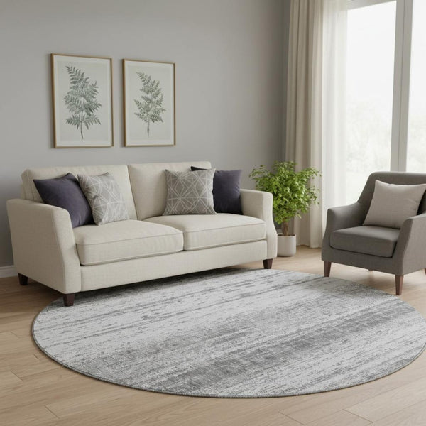 HomeRoots 8' Gray and Ivory Striped Washable Round Rug - Durable, UV-Protected, Ideal for Kids & Pets! 668328
