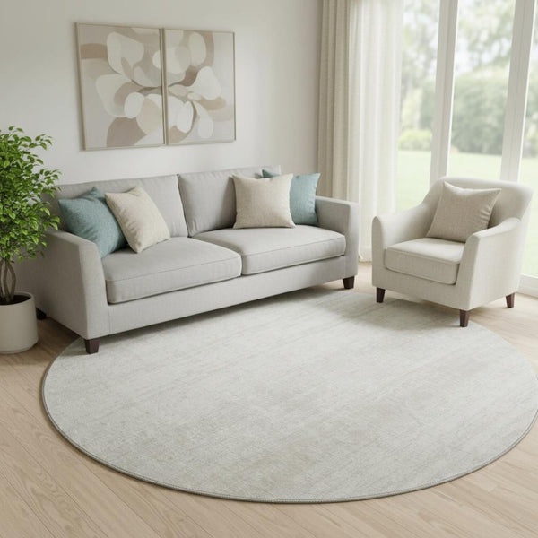 HomeRoots 8' Ivory and Beige Striped Washable Round Rug - Durable, UV-Protected, Stylish for Any Space 668334