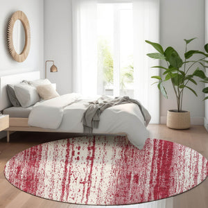 HomeRoots 8' Merlot and Ivory Striped Round Rug – Durable, Washable Design with UV Protection for Busy Homes 668340