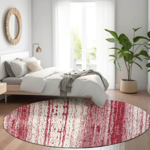 HomeRoots 8' Merlot and Ivory Striped Round Rug – Durable, Washable Design with UV Protection for Busy Homes 668340