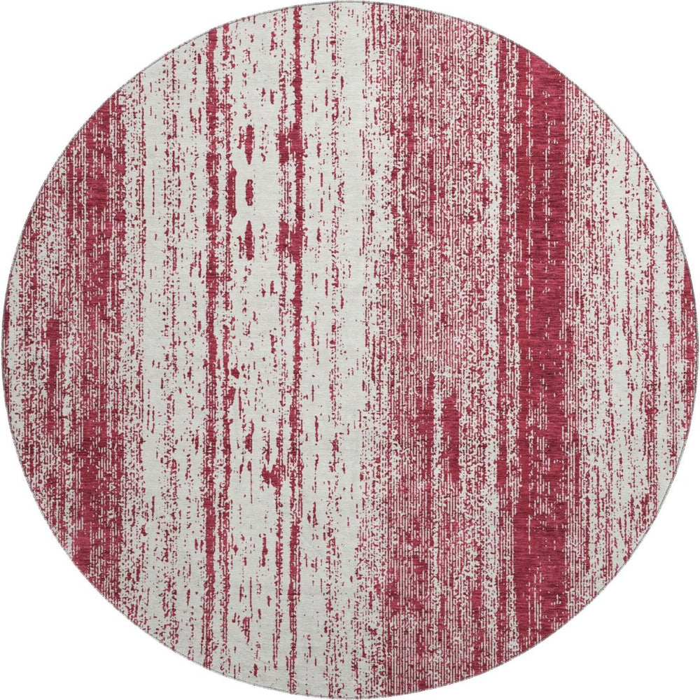 HomeRoots 8' Merlot and Ivory Striped Round Rug – Durable, Washable Design with UV Protection for Busy Homes 668340
