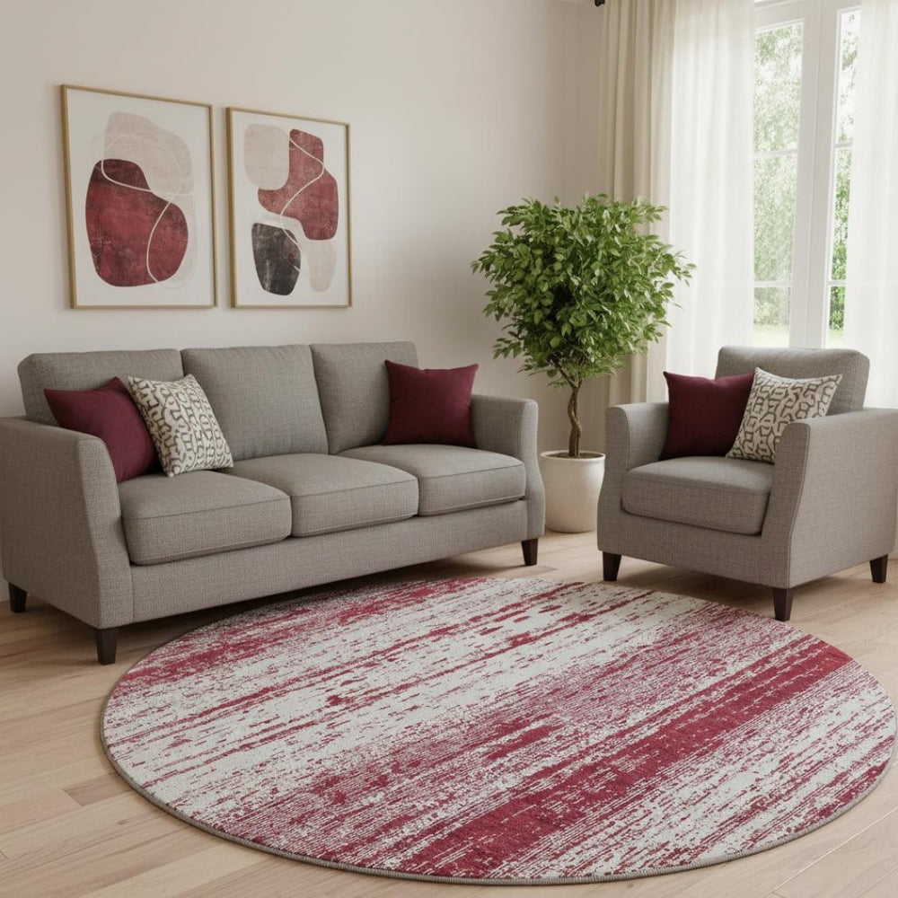 HomeRoots 8' Merlot and Ivory Striped Round Rug – Durable, Washable Design with UV Protection for Busy Homes 668340