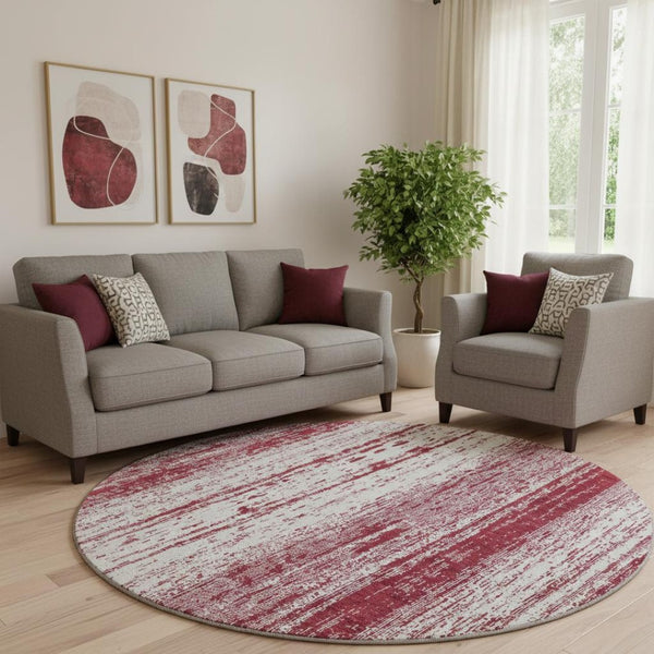 HomeRoots 8' Merlot and Ivory Striped Round Rug – Durable, Washable Design with UV Protection for Busy Homes 668340