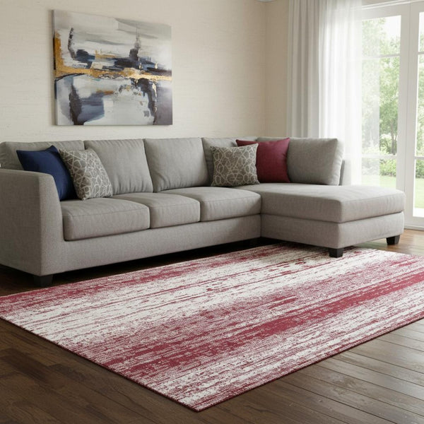HomeRoots 8' X 10' Stylish Merlot and Ivory Striped Washable Area Rug with UV Protection for High-Traffic Spaces 668341