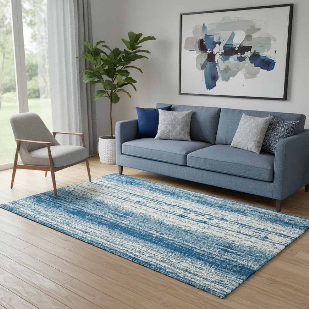 HomeRoots 5' X 8' Navy Blue & Ivory Striped Washable Area Rug - UV Protected, Stain Resistant, Ideal for Families 668345