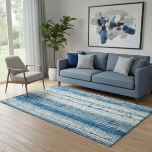 HomeRoots 5' X 8' Navy Blue & Ivory Striped Washable Area Rug - UV Protected, Stain Resistant, Ideal for Families 668345