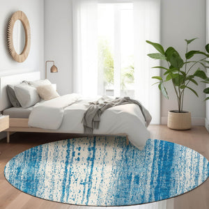 HomeRoots 8' Navy Blue Striped Round Rug – Washable, UV-Protected, Durable Design for High-Traffic Spaces 668346