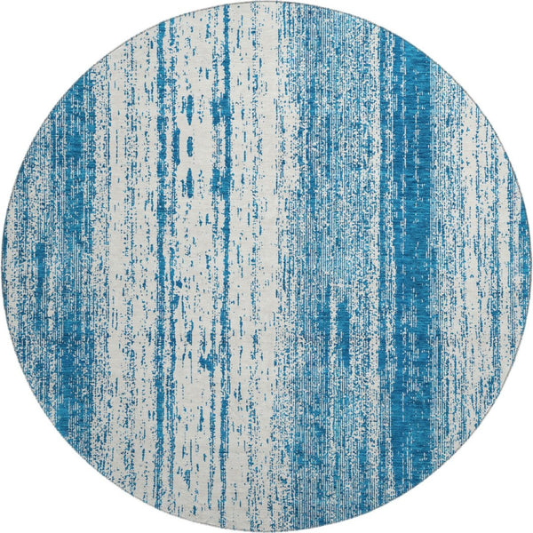 HomeRoots 8' Navy Blue Striped Round Rug – Washable, UV-Protected, Durable Design for High-Traffic Spaces 668346