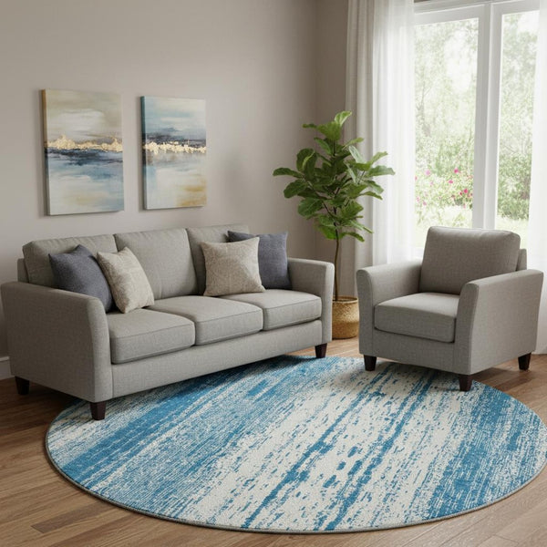HomeRoots 8' Navy Blue Striped Round Rug – Washable, UV-Protected, Durable Design for High-Traffic Spaces 668346