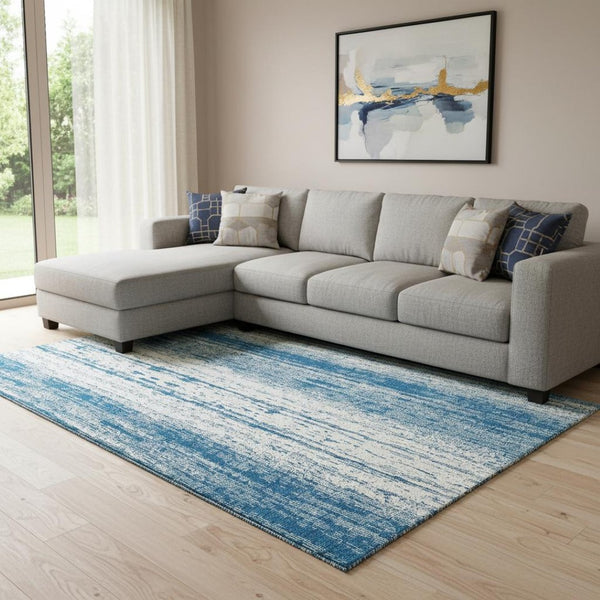 HomeRoots 8' X 10' Stylish Navy Blue & Ivory Striped Washable Area Rug with UV Protection for High-Traffic Spaces 668347
