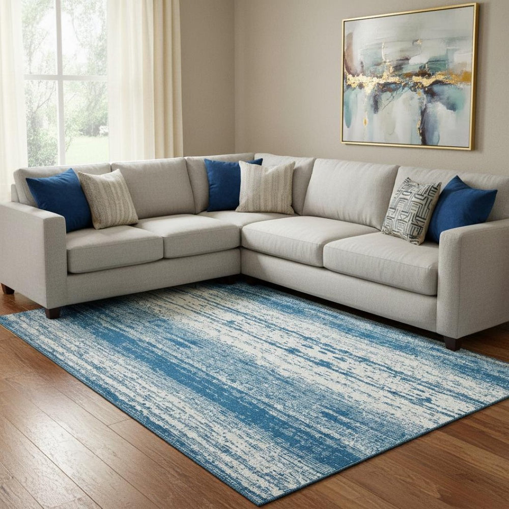 HomeRoots 9' X 12' Navy Blue & Ivory Striped Washable Area Rug with UV Protection for Kid & Pet-Friendly Homes 668348