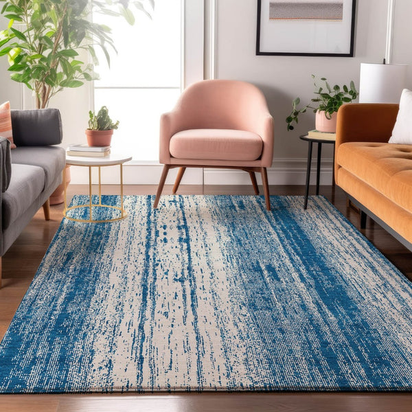 HomeRoots 9' X 12' Navy Blue & Ivory Striped Washable Area Rug with UV Protection for Kid & Pet-Friendly Homes 668348