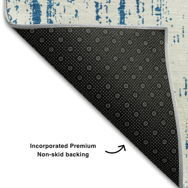 HomeRoots 9' X 12' Navy Blue & Ivory Striped Washable Area Rug with UV Protection for Kid & Pet-Friendly Homes 668348