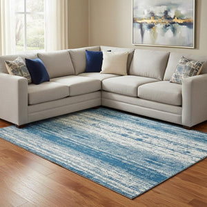HomeRoots 10' X 14' Navy Blue Striped Washable Area Rug - UV Protected, Stain-Resistant, Durable & Stylish! 668349