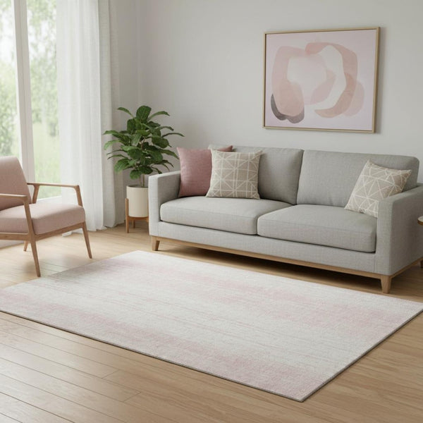HomeRoots 5' Pink and Ivory Striped Washable Area Rug with UV Protection for Stylish, Kid & Pet-Friendly Living 668351