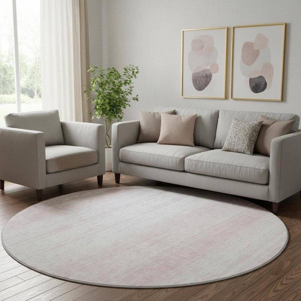 HomeRoots 8' Pink and Ivory Striped Round Rug – Washable, UV-Protected, Stain-Resistant for Busy Homes! 668352