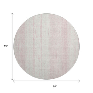 HomeRoots 8' Pink and Ivory Striped Round Rug – Washable, UV-Protected, Stain-Resistant for Busy Homes! 668352