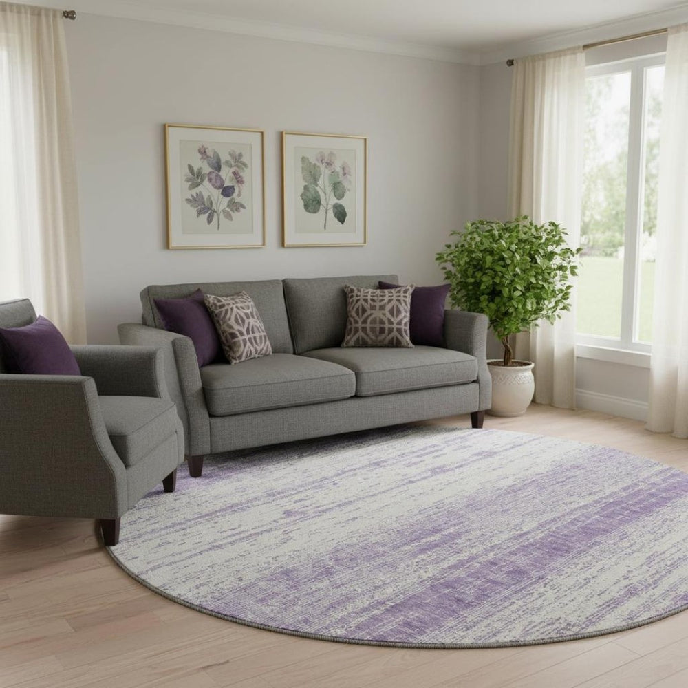 HomeRoots 8' Purple and Ivory Striped Washable Round Rug – Stylish, Durable, UV-Protected for Every Space 668358