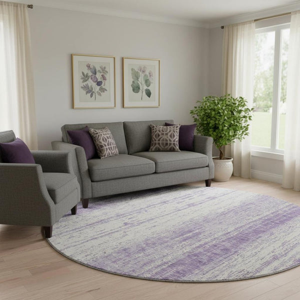 HomeRoots 8' Purple and Ivory Striped Washable Round Rug – Stylish, Durable, UV-Protected for Every Space 668358