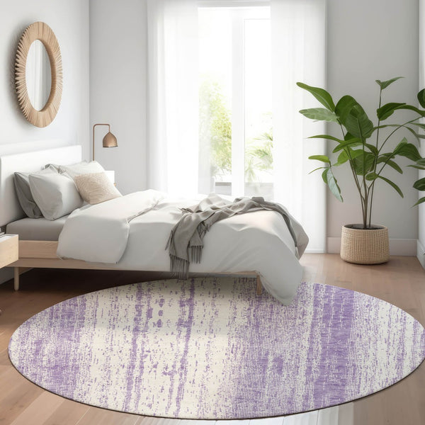 HomeRoots 8' Purple and Ivory Striped Washable Round Rug – Stylish, Durable, UV-Protected for Every Space 668358