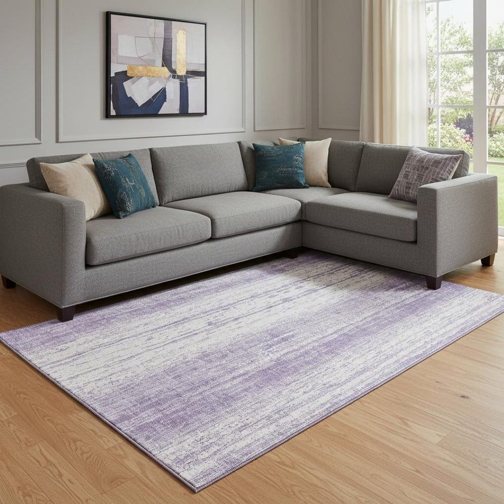 HomeRoots 9' X 12' Striped Purple and Ivory Washable Area Rug with UV Protection for Busy Homes & Kids 668360