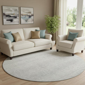 HomeRoots 8' Washable Round Rug in Silver and Ivory Stripes - Durable, UV-Protected, Perfect for Family Spaces 668364