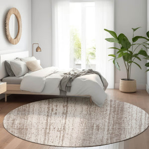 HomeRoots 8' Taupe and Ivory Striped Round Rug - Washable, UV-Protected, Soft & Stain-Resistant Design for Homes 668370