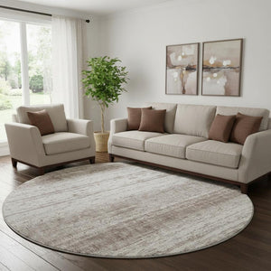 HomeRoots 8' Taupe and Ivory Striped Round Rug - Washable, UV-Protected, Soft & Stain-Resistant Design for Homes 668370