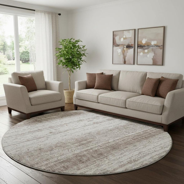 HomeRoots 8' Taupe and Ivory Striped Round Rug - Washable, UV-Protected, Soft & Stain-Resistant Design for Homes 668370