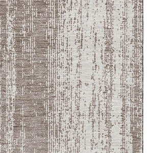 HomeRoots 9' X 12' Taupe and Ivory Striped Washable Area Rug - Durable, UV Protected, Ideal for Family Homes! 668372