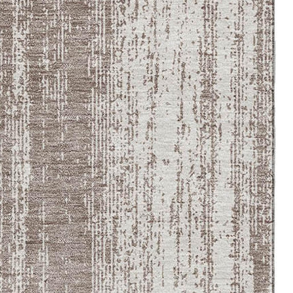 HomeRoots 9' X 12' Taupe and Ivory Striped Washable Area Rug - Durable, UV Protected, Ideal for Family Homes! 668372