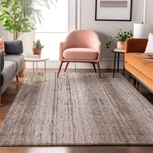 HomeRoots 9' X 12' Taupe and Ivory Striped Washable Area Rug - Durable, UV Protected, Ideal for Family Homes! 668372