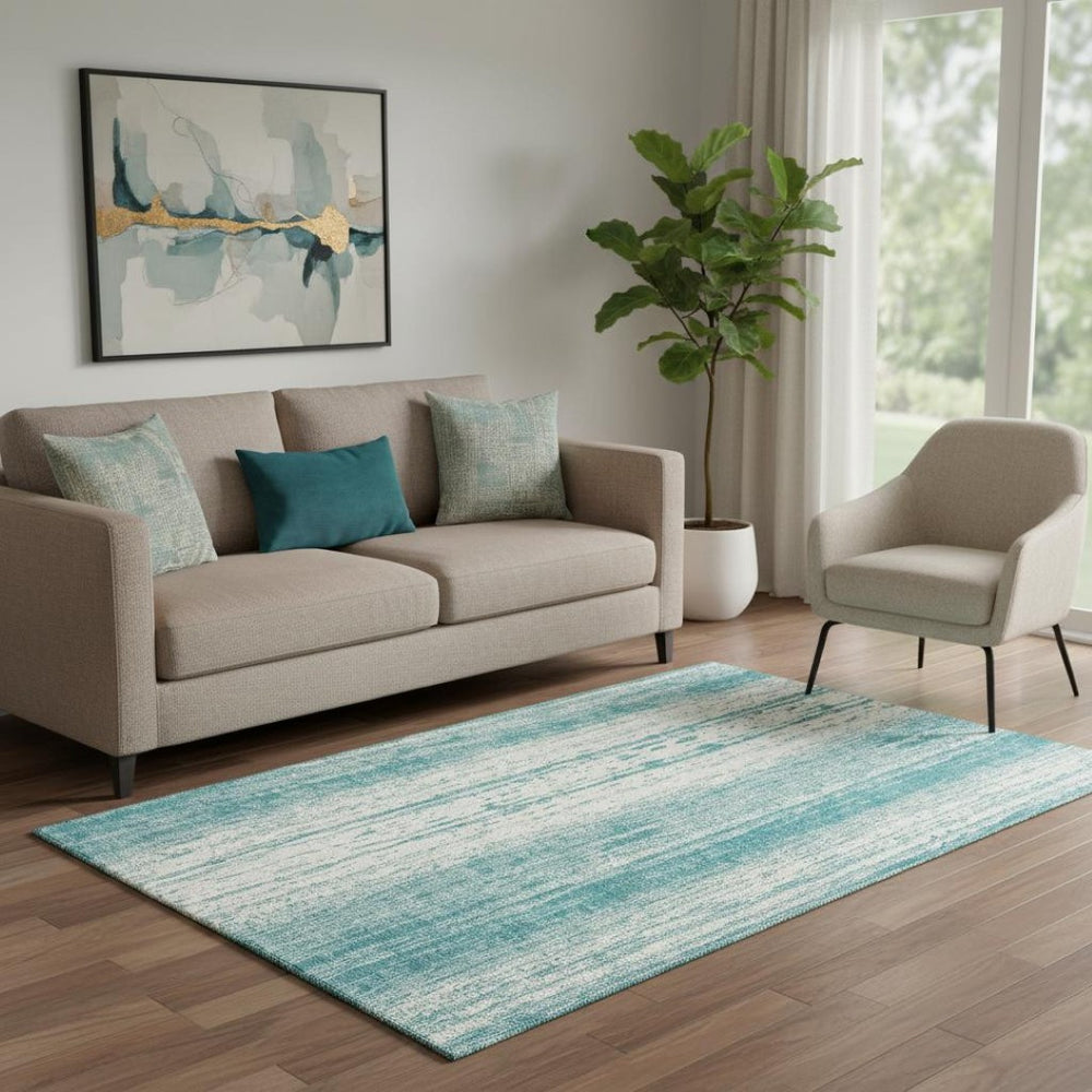 HomeRoots 5' X 8' Teal And Ivory Striped Area Rug - Washable, UV Protected, Durable for Home & Patio Use! 668375