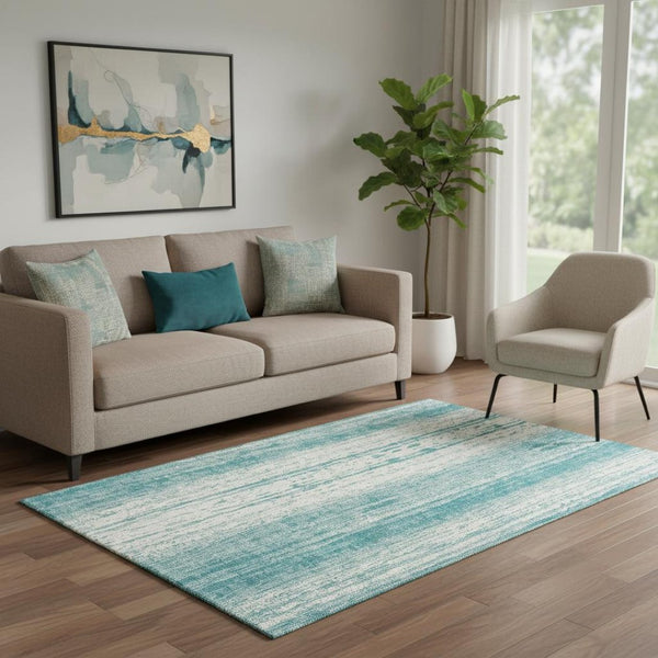 HomeRoots 5' X 8' Teal And Ivory Striped Area Rug - Washable, UV Protected, Durable for Home & Patio Use! 668375