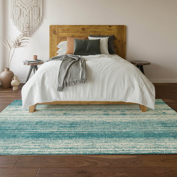 HomeRoots 5' X 8' Teal And Ivory Striped Area Rug - Washable, UV Protected, Durable for Home & Patio Use! 668375