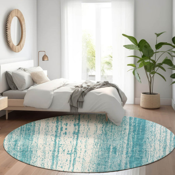 HomeRoots 8' Teal and Ivory Striped Round Rug - Washable, UV Protected, Durable for Indoor & Outdoor Use 668376